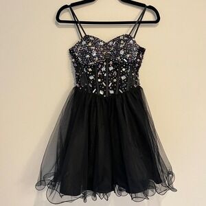 Y2K Black Jeweled Embellished Corset Mini Dress Fit Flare Blondie Nites Size 1